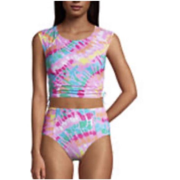 New Land's End Primrose Pink Tye‎ Dye Ruched Sides Tankini Sz 10 - Picture 1 of 6